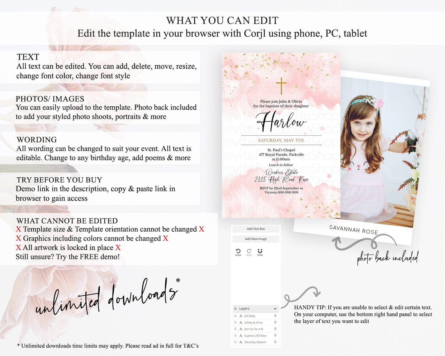 Pink Baptism Invitation Pink Watercolor Baptism 1st Birthday Invitation Pastel Pink Watercolor Christening Invite Pink Splash D10328