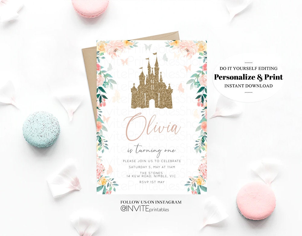 Princess Birthday Invitation Castle Invitation Glitter Invitation Fairy Garden Invite Floral Enchanted Secret Garden Gold Watercolor Invite