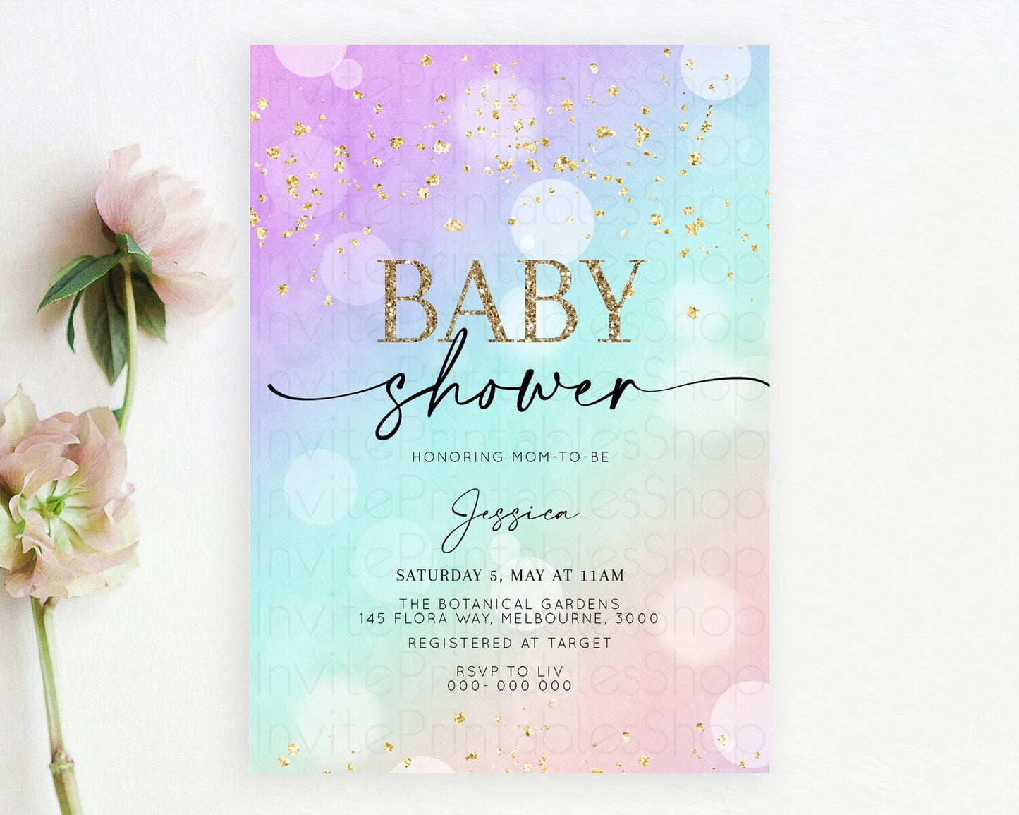 Pastel Baby Shower Invitation Rainbow Baby Shower Invitation Colorful Pastel Watercolor Invitation Gold Glitter Sprinkles Ombre D10618