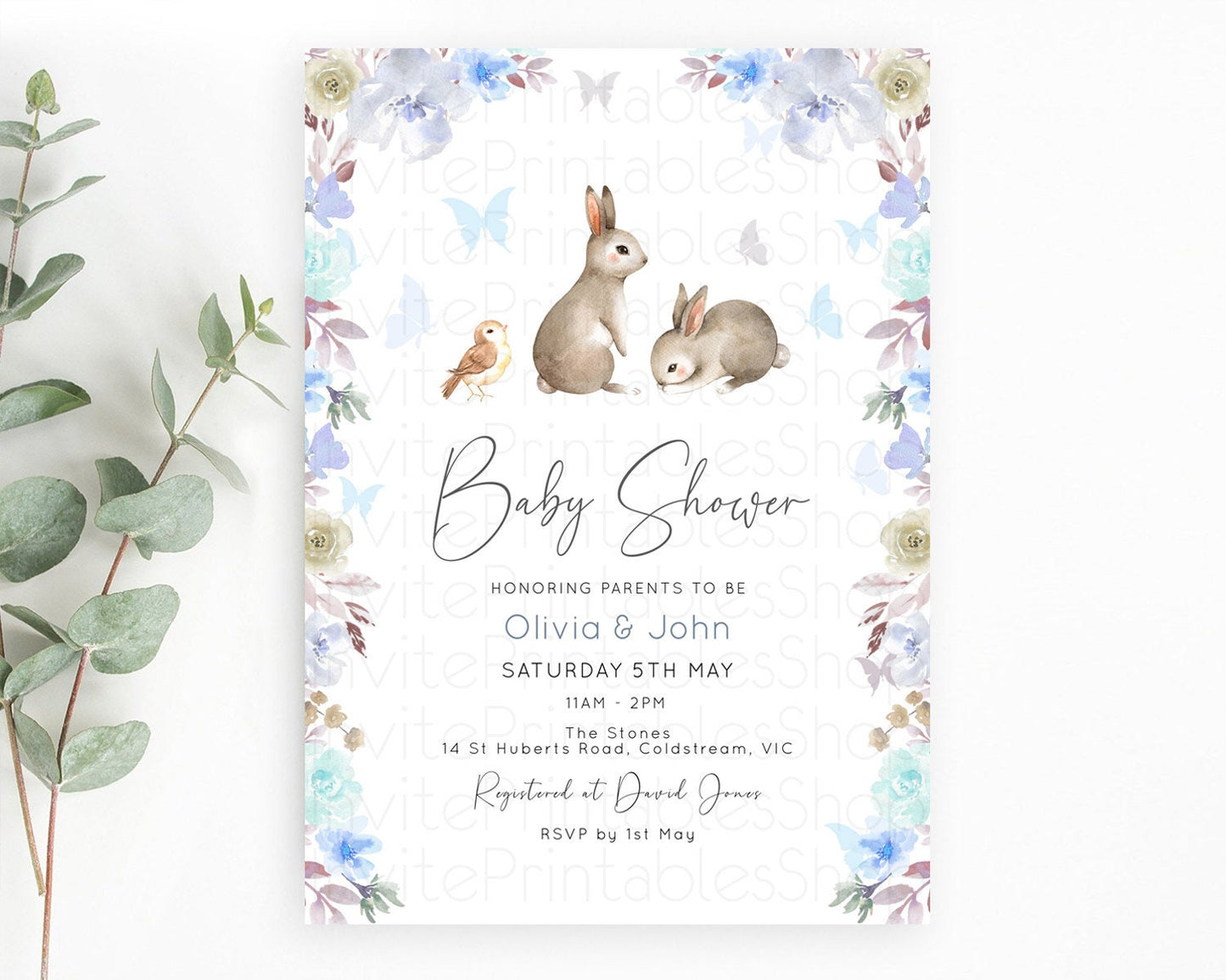 Bunny Baby Shower Invitation: Enchanted Forest, Secret Garden, Pastel Blue Floral, White, Grey, Rabbit, Butterfly, Woodland Theme D10927