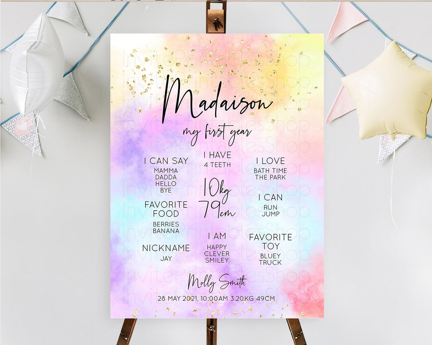Pastel First Birthday Milestone Board Pastel Rainbow Milestone Poster Colorful Confetti Watercolor Glitter 1st Birthday Welcome Sign D10437