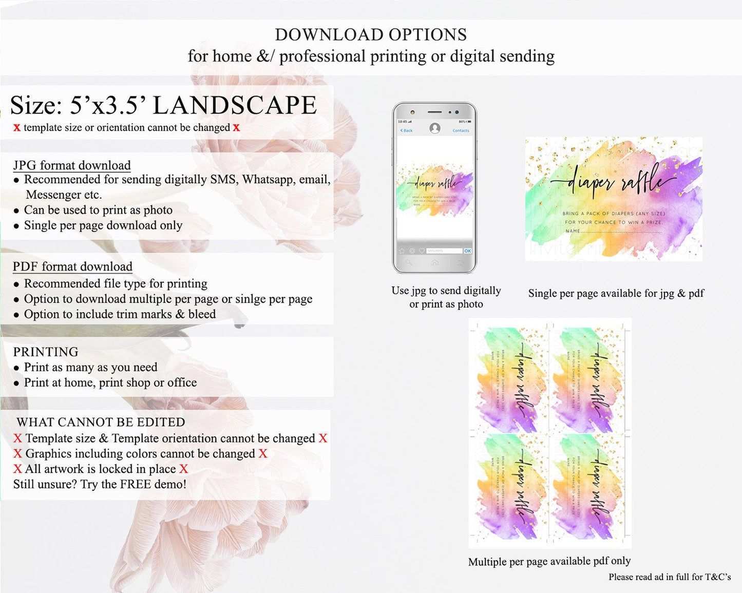 Pastel Diaper Raffle Card Pastel Rainbow Diaper Raffle Insert Colorful Ombre Watercolor Diaper Ticket Confetti Glitter Raffle Game D10518