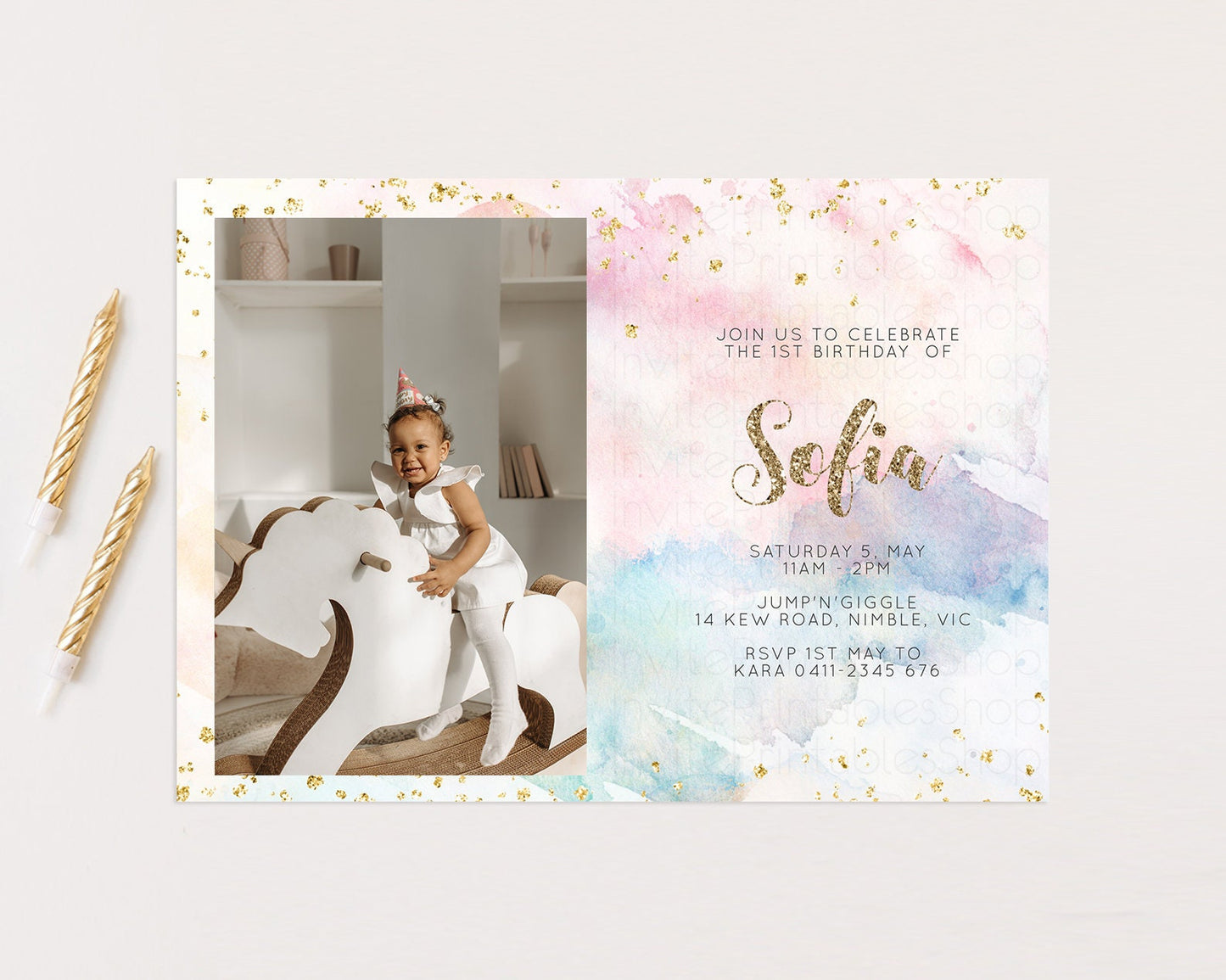 Rainbow Birthday Invitation Glitter Pastel Invitation Photo Pastel Colors Birthday Gold Foil Splatter Sprinkles Ombre 1st 2nd 3rd D10264