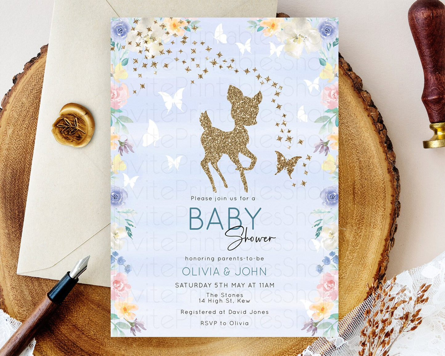Deer Baby Shower Invitation, Enchanted Forest, Secret Garden, Butterfly, Whimsical Pastel Flowers - Blue Watercolor, Pink, Yellow D10879