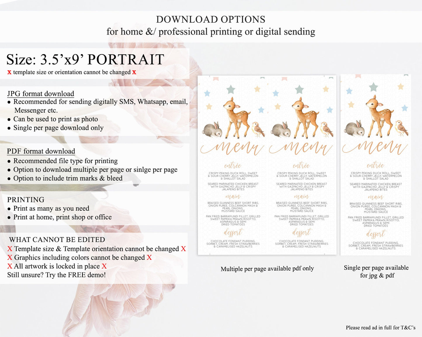 Fawn Menu Deer Menu Template Pastel Floral Deer Table Decor Enchanted Forest Butterfly Floral Dinner Dessert Menu Party Food Menu D10918