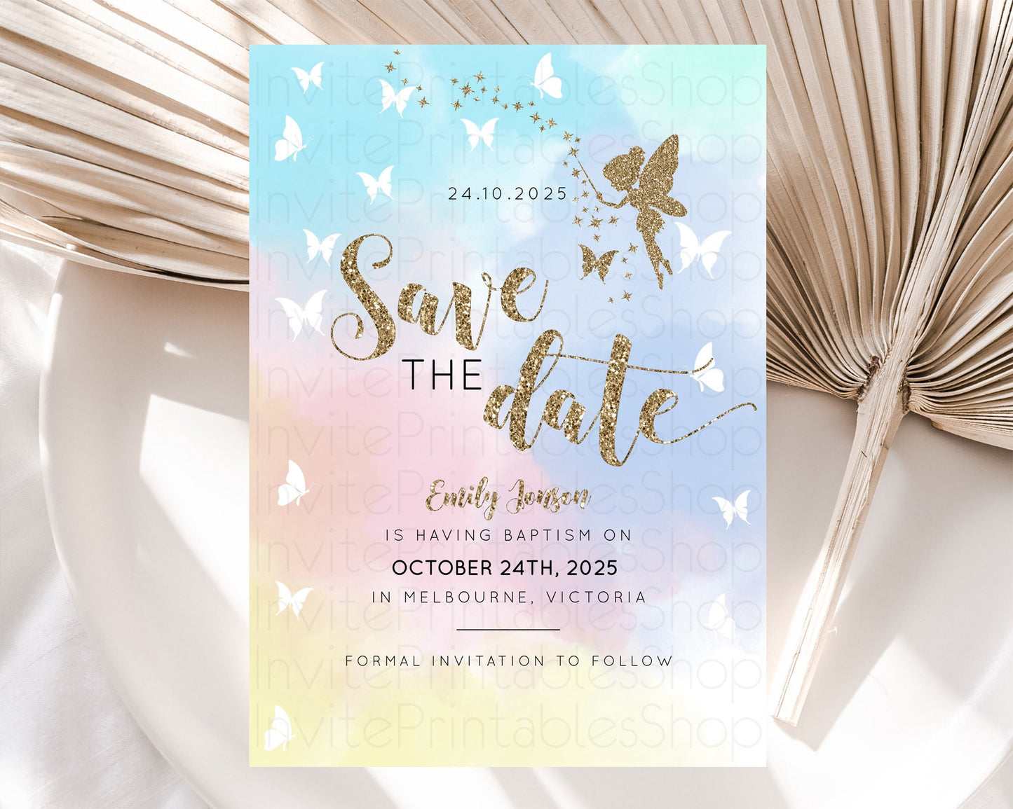 Fairy Save The Date Template Enchanted Garden Pastel Floral Butterfly Party Secret Garden Birthday Baptism Baby Shower Bridal Shower D10894