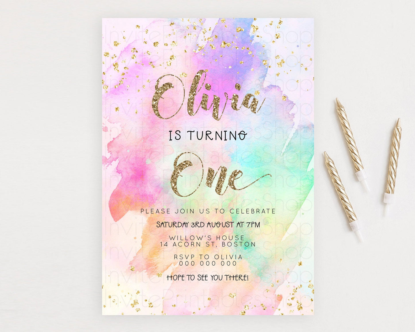 Rainbow Birthday Invitation Colorful Pastel Watercolor Invitation Gold Glitter Sprinkles Ombre Pastel 1st 2nd 3rd Birthday D23290
