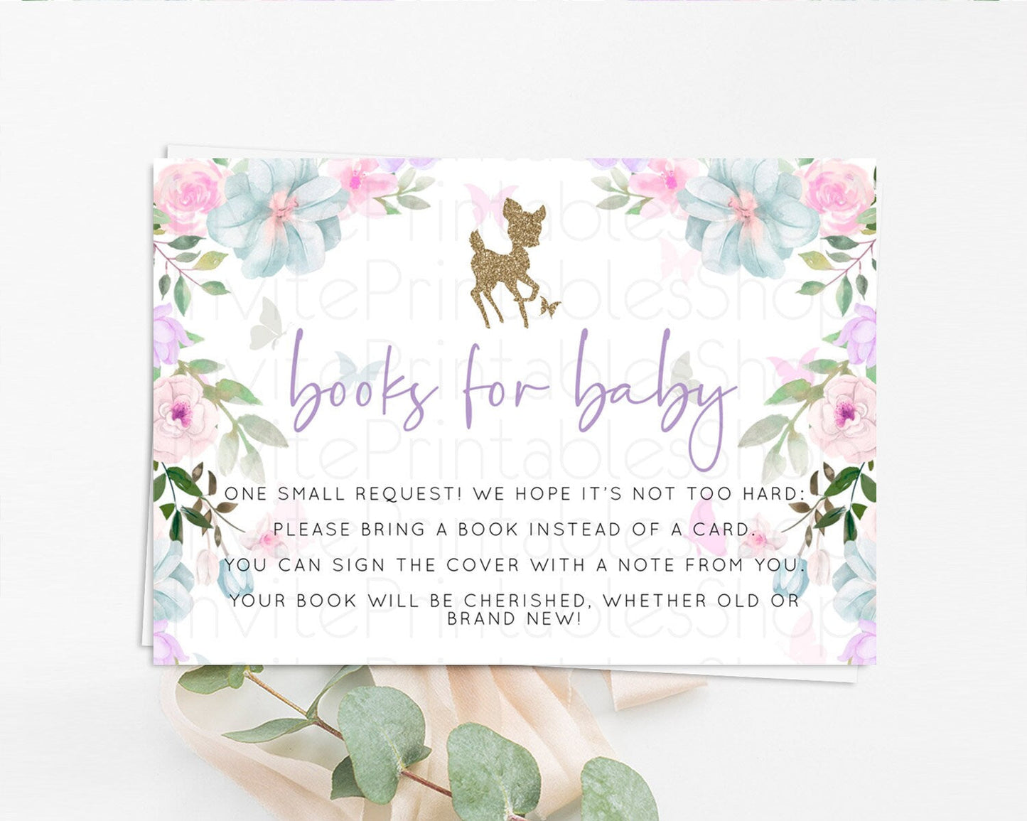 Fawn Books For Baby Card Deer Book Insert Floral Deer Book Card Enchanted Forest Butterfly Pastel Baby Shower Book Poem Request D10476