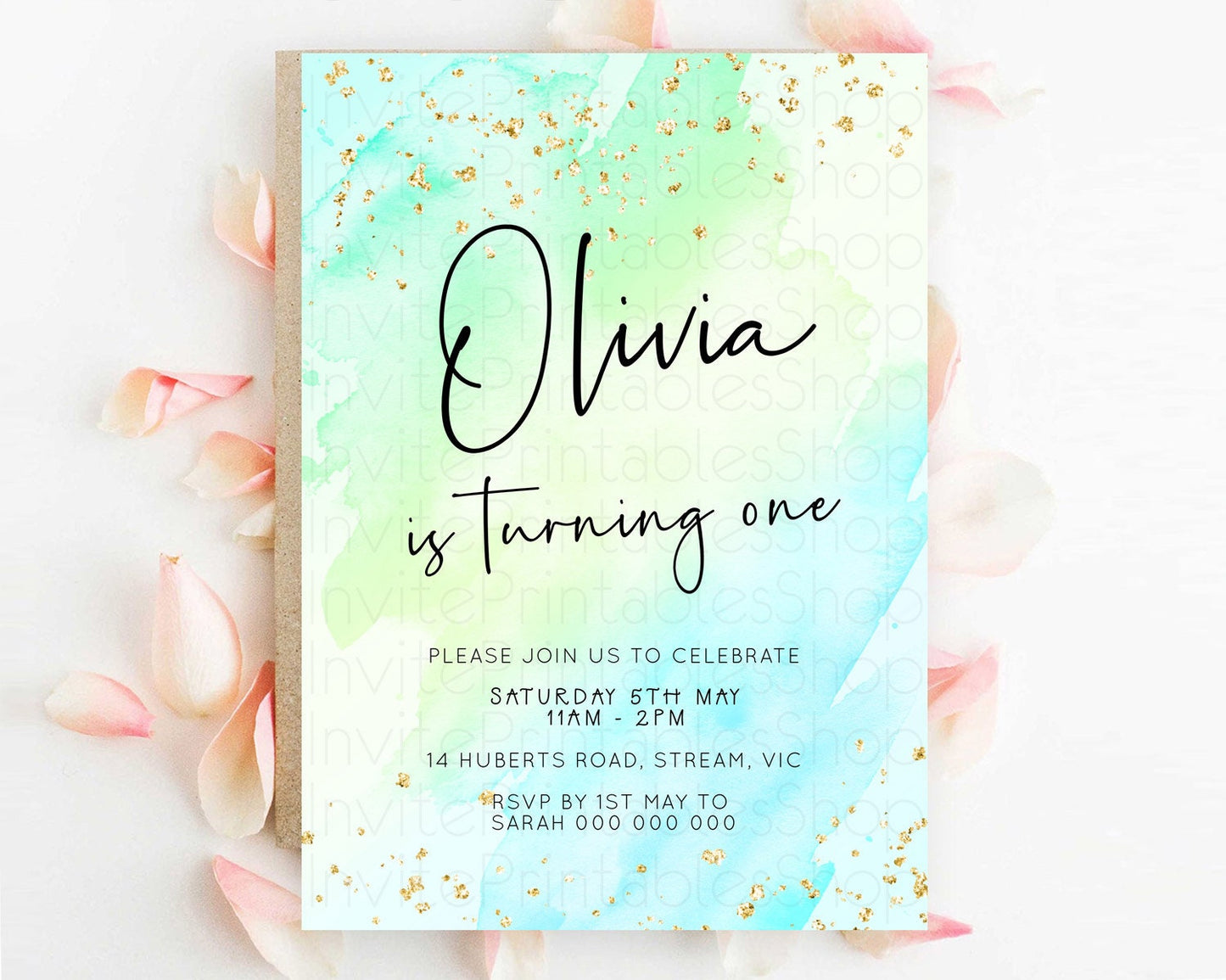 Green Birthday Invitation green Watercolor Invitation Pastel green Watercolor Invitation green Splash Gold Invitation First Birthday D23056