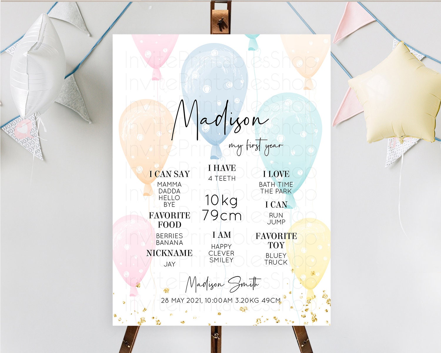 Editable Pastel Balloons First Birthday Milestone Board Colorful Balloon Mil