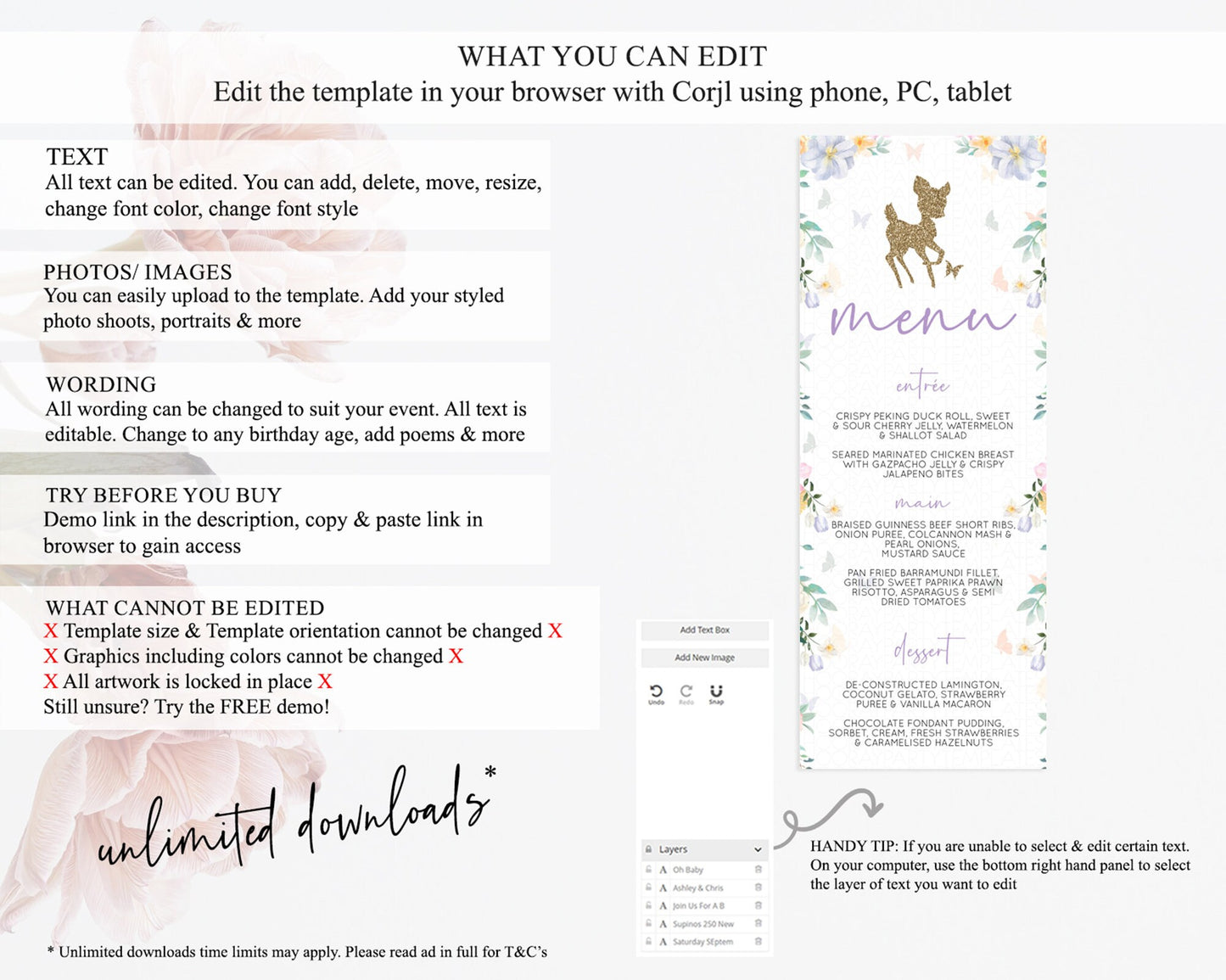 Fawn Menu Deer Menu Template Pastel Floral Deer Table Decor Enchanted Forest Butterfly Floral Dinner Dessert Menu Party Food Menu D10477