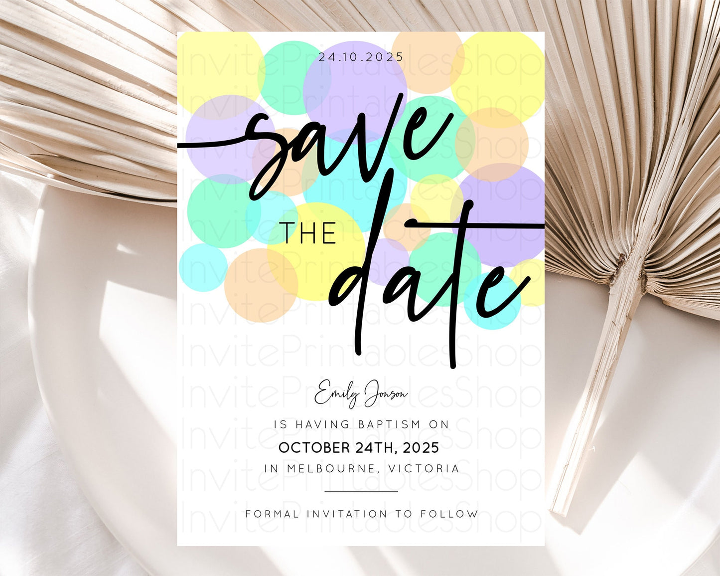 Pastel Confetti Save The Date Template Rainbow Colorful Sprinkles Party For 1st Birthday Baptism Baby Shower Wedding Bridal Shower D10415