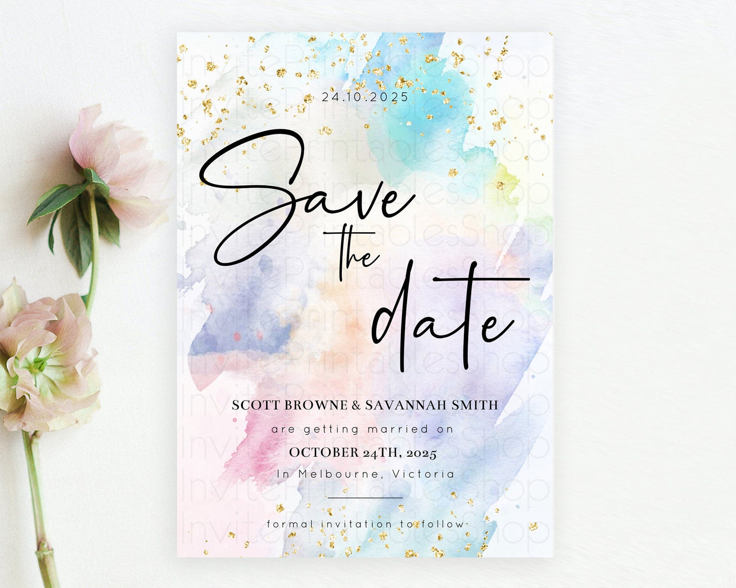 Pastel Save The Date Template Pastel Ombre Rainbow Watercolor Colorful Party For Birthday Baptism Baby Shower Wedding Bridal Shower D10422