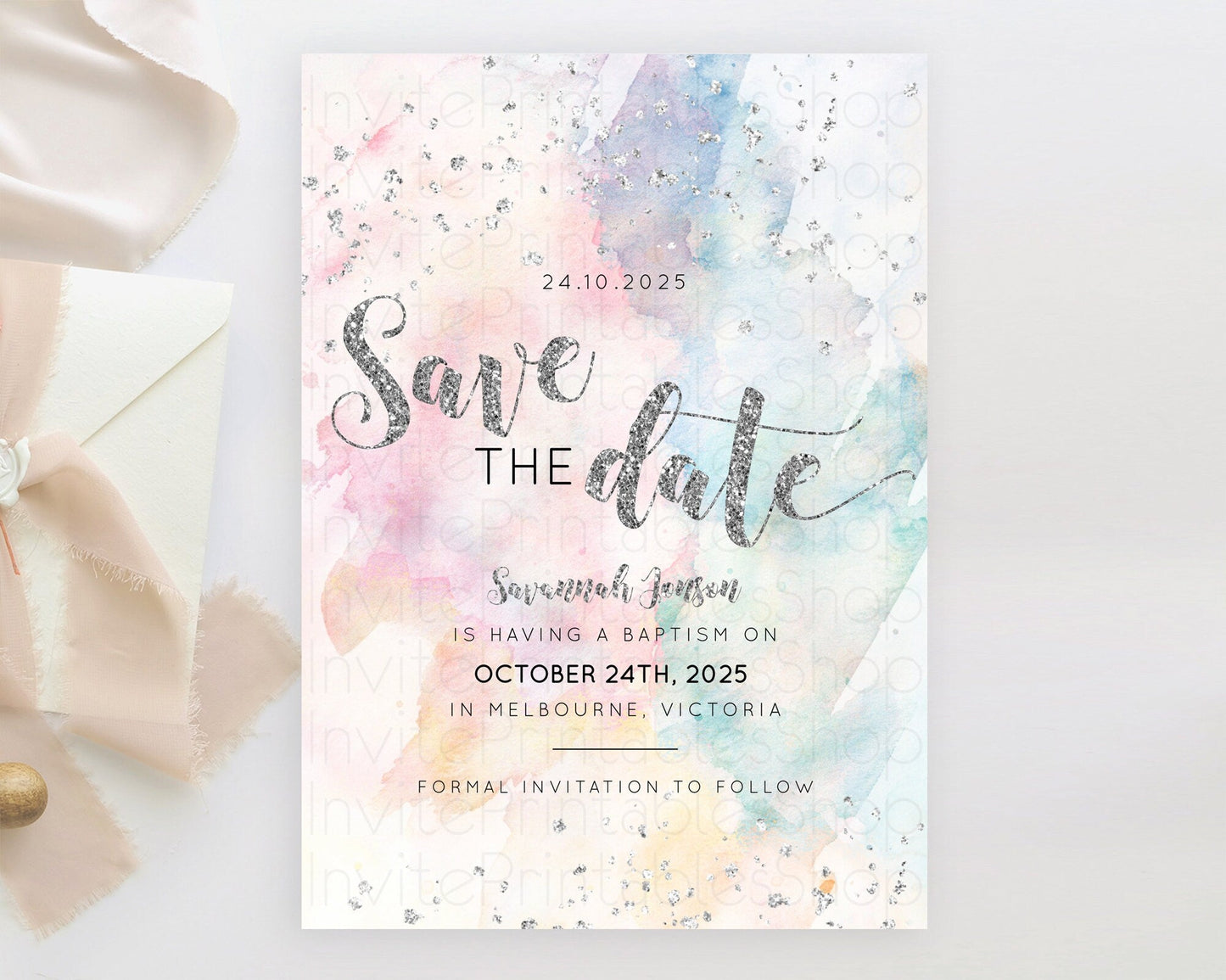 Pastel Silver Save The Date Template Rainbow Colorful Ombre Colorful Watercolor Party 1st Birthday Baptism Baby Shower Bridal Shower D10944