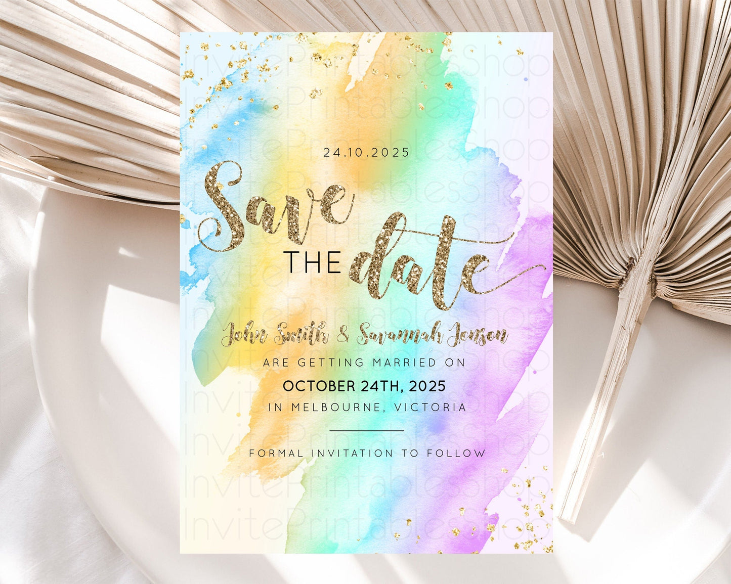 Pastel Save The Date Template Pastel Ombre Rainbow Watercolor Colorful Party For Birthday Baptism Baby Shower Wedding Bridal Shower D10426