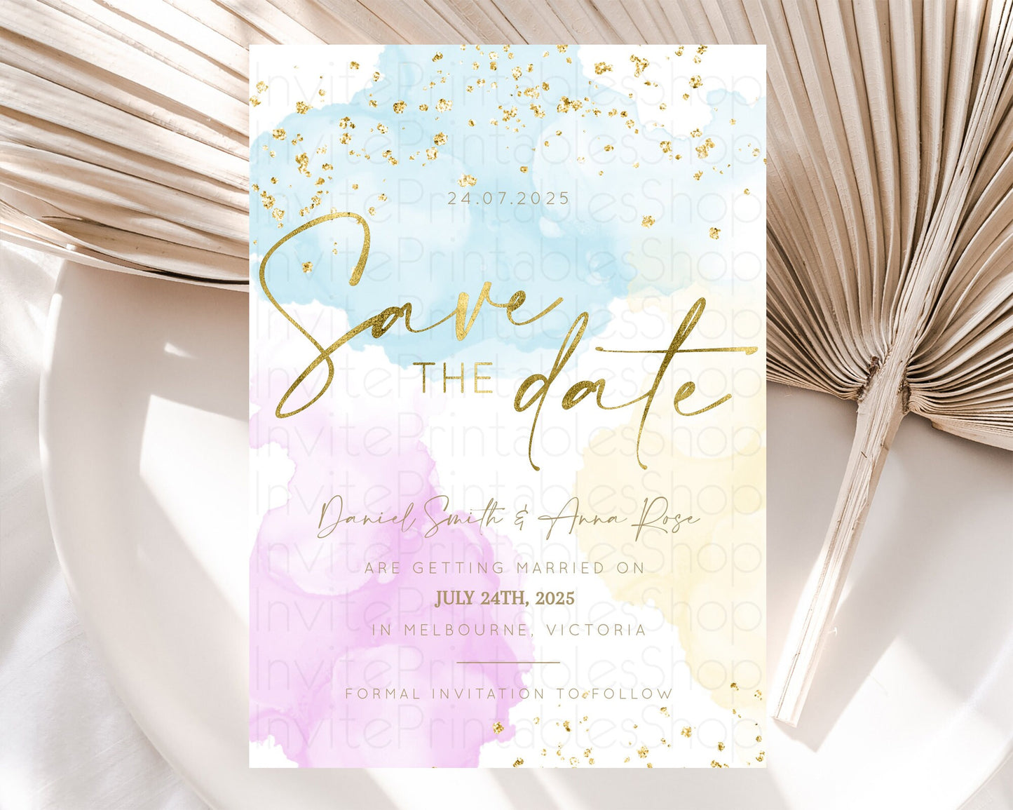 Pastel Save The Date Template Pastel Ombre Rainbow Watercolor Colorful Party For Birthday Baptism Baby Shower Wedding Bridal Shower D10204