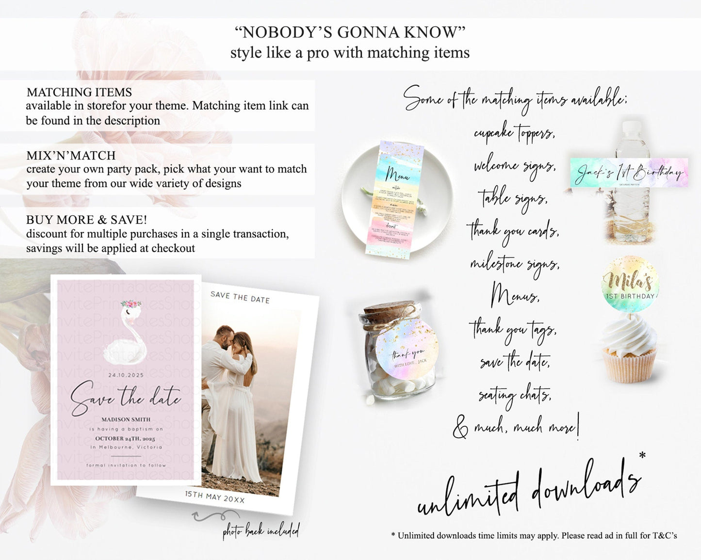 Swan Save The Date Template Swan Princess Ballet Party Enchanted Swan Lake Secret Garden Pastel Floral Birthday Baptism Baby Shower D10758