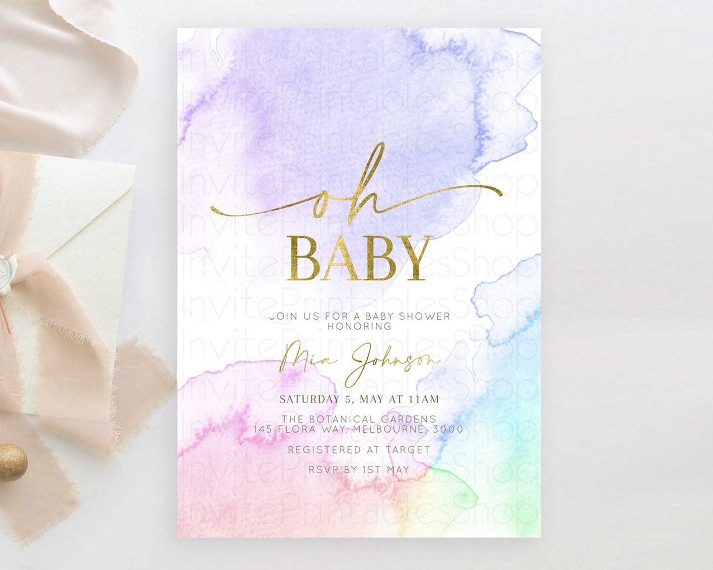 Pastel Baby Shower Invitation Rainbow Baby Shower Invitation Colorful Pastel Watercolor Invitation Gold Glitter Sprinkles Ombre D10215