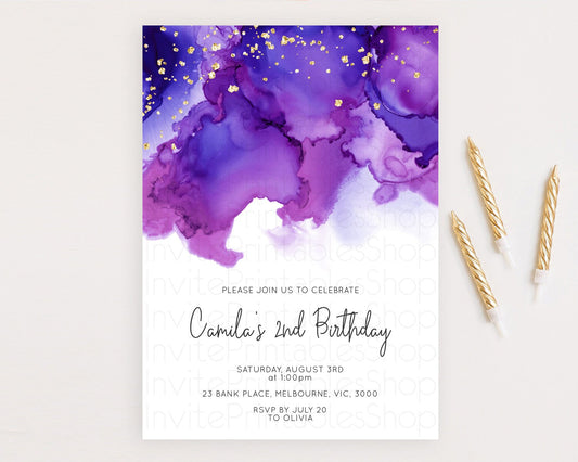 Purple Birthday Invitation Purple Watercolor Invite Pastel Purple Watercolor Invitation Purple Splash Gold Invitation First Birthday D11068