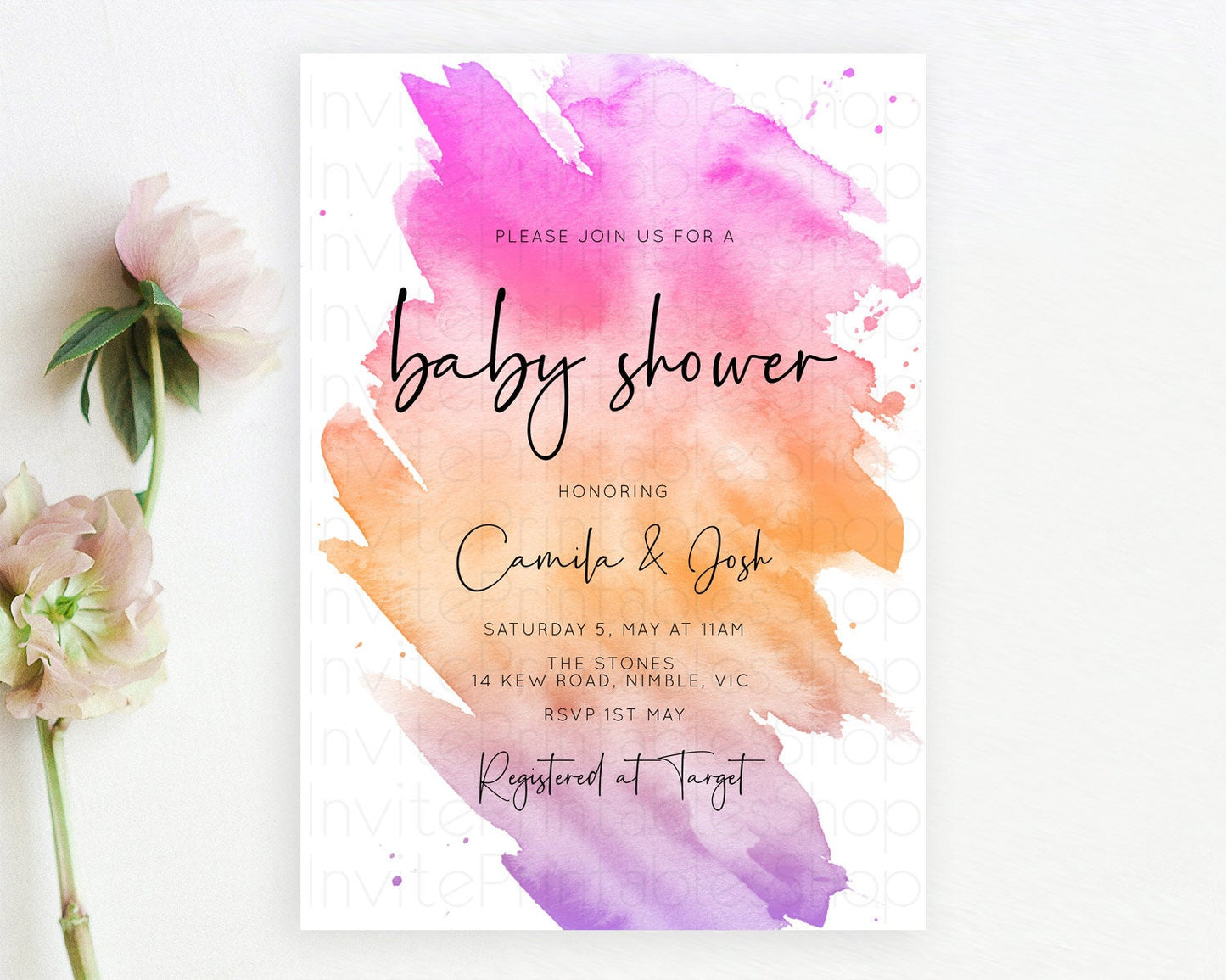 Pastel Baby Shower Invitation Rainbow Baby Shower Invitation Colorful Pastel Watercolor Invitation Gold Glitter Sprinkles Ombre D10488