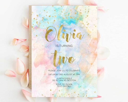 Rainbow Birthday Invitation Colorful Pastel Watercolor Invitation Gold Glitter Sprinkles Ombre Pastel 1st 2nd 3rd Birthday D10272