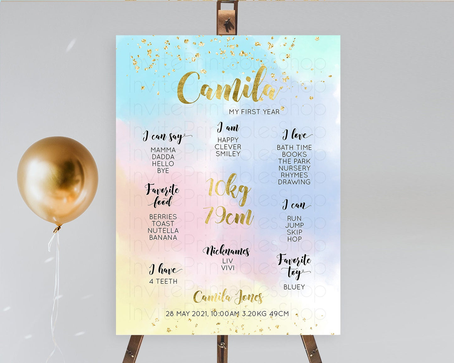 Pastel First Birthday Milestone Board Pastel Rainbow Milestone Poster Colorful Confetti Watercolor Glitter 1st Birthday Welcome Sign D10892