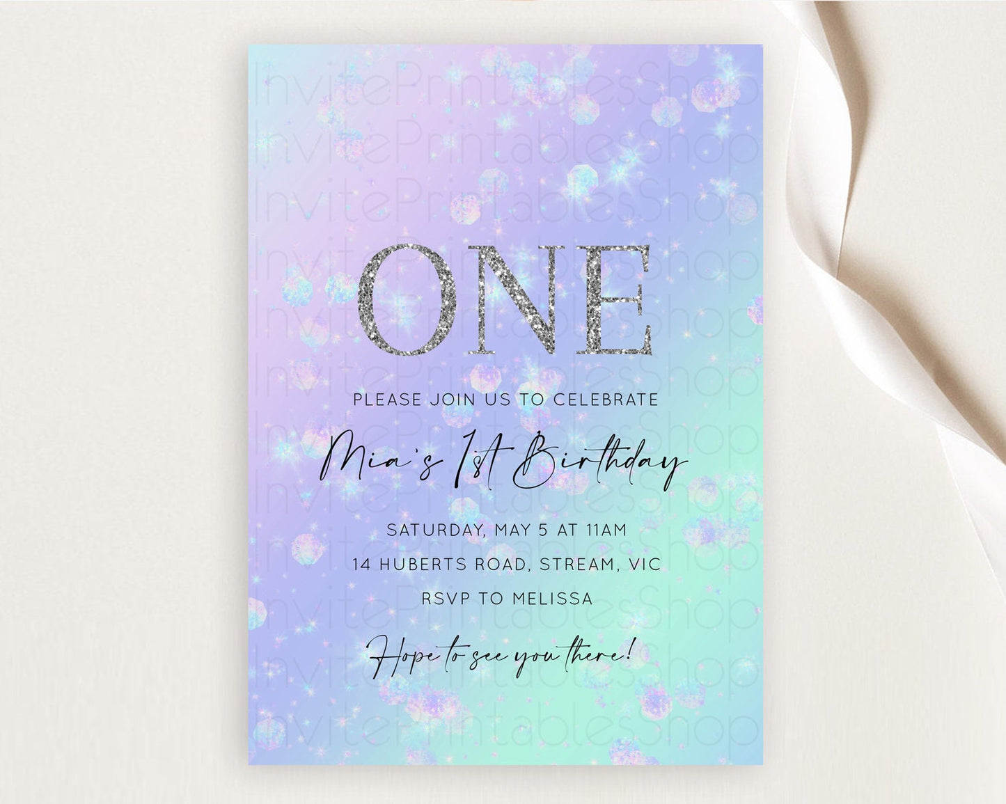 Rainbow Birthday Invitation Colorful Pastel Watercolor Iridescent Glitter Sprinkles Ombre Pastel Invitation 1st 2nd First Birthday D10663