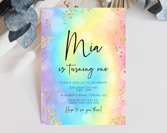 Editable Rainbow Birthday Invitation Glitter Pastel Invitation Colorful Wate