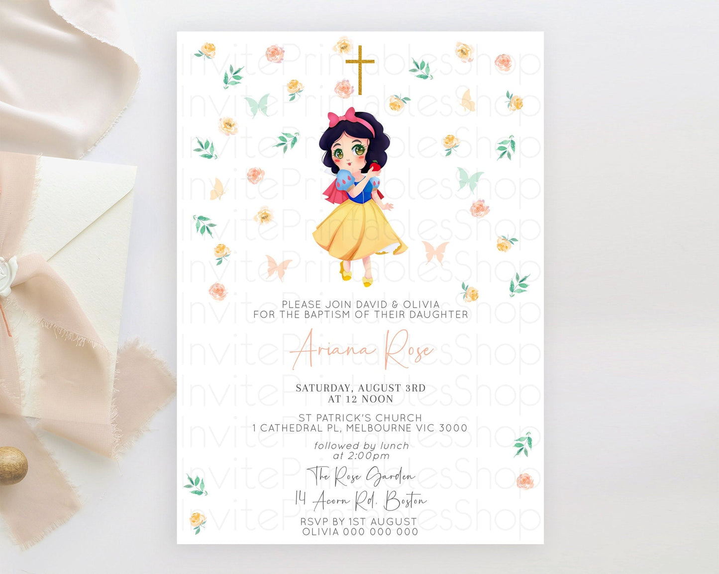 Princess Baptism Invitation Enchanted Castle Baptism 1st Birthday Invitation Royal Party Pastel Floral Secret Garden Christening D10356