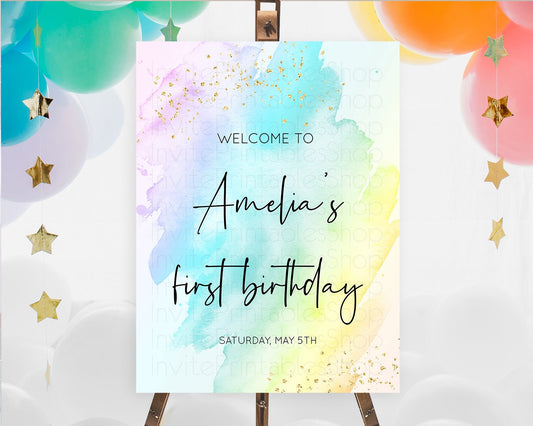 Pastel Welcome Sign Pastel Rainbow Welcome Sign Colorful Rainbow Confetti Watercolor Glitter Pastel First Birthday Welcome Sign D10171