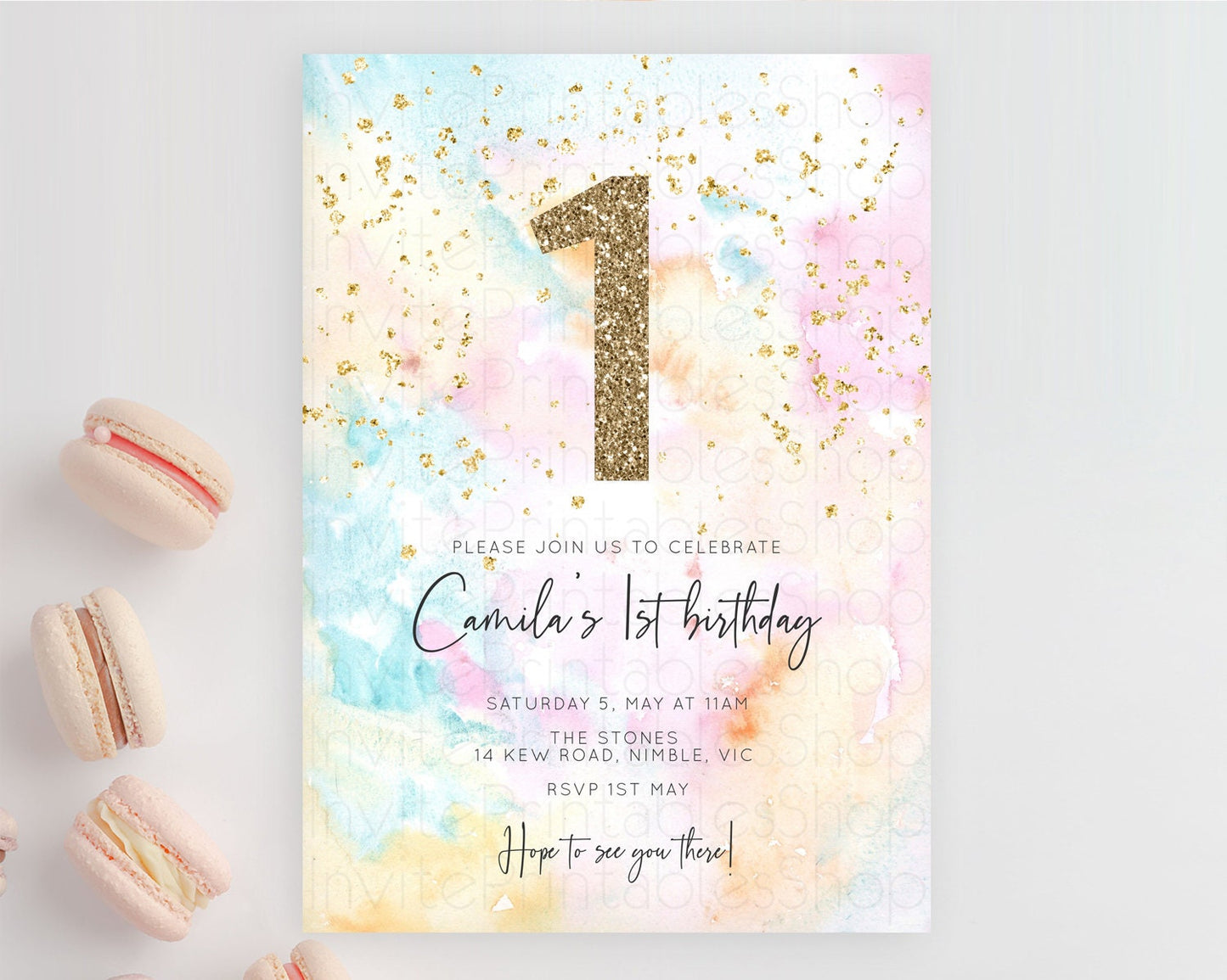Rainbow Birthday Invitation Colorful Pastel Watercolor Invitation Gold Glitter Sprinkles Ombre Pastel 1st 2nd 3rd Birthday D10548