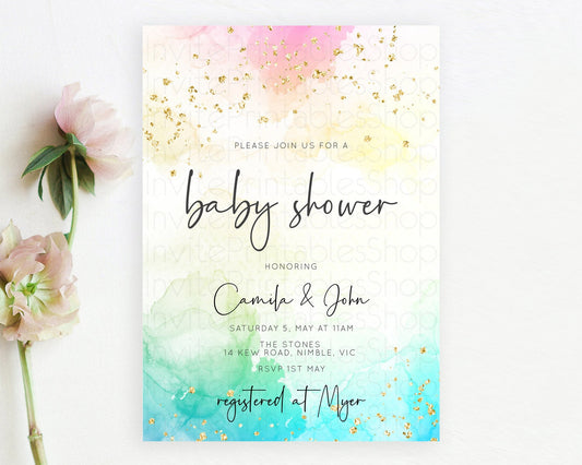 Pastel Baby Shower Invitation Rainbow Baby Shower Invitation Colorful Pastel Watercolor Invitation Gold Glitter Sprinkles Ombre D10151