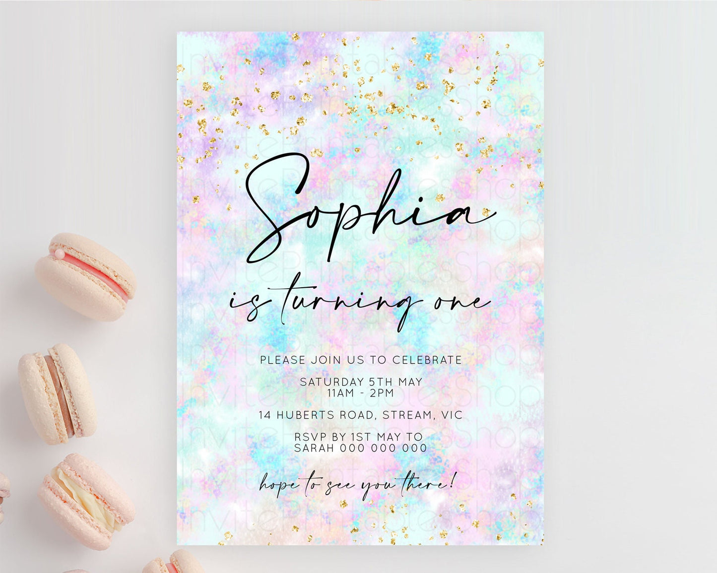 Rainbow Birthday Invitation Colorful Pastel Watercolor Invitation Gold Glitter Sprinkles Ombre Pastel 1st 2nd 3rd Birthday D10652