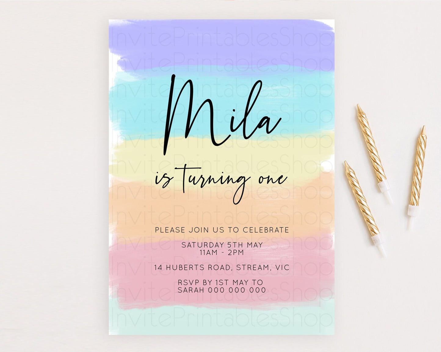 Rainbow Birthday Invitation Colorful Pastel Watercolor Invitation Gold Glitter Sprinkles Ombre Pastel 1st 2nd 3rd Birthday D10510