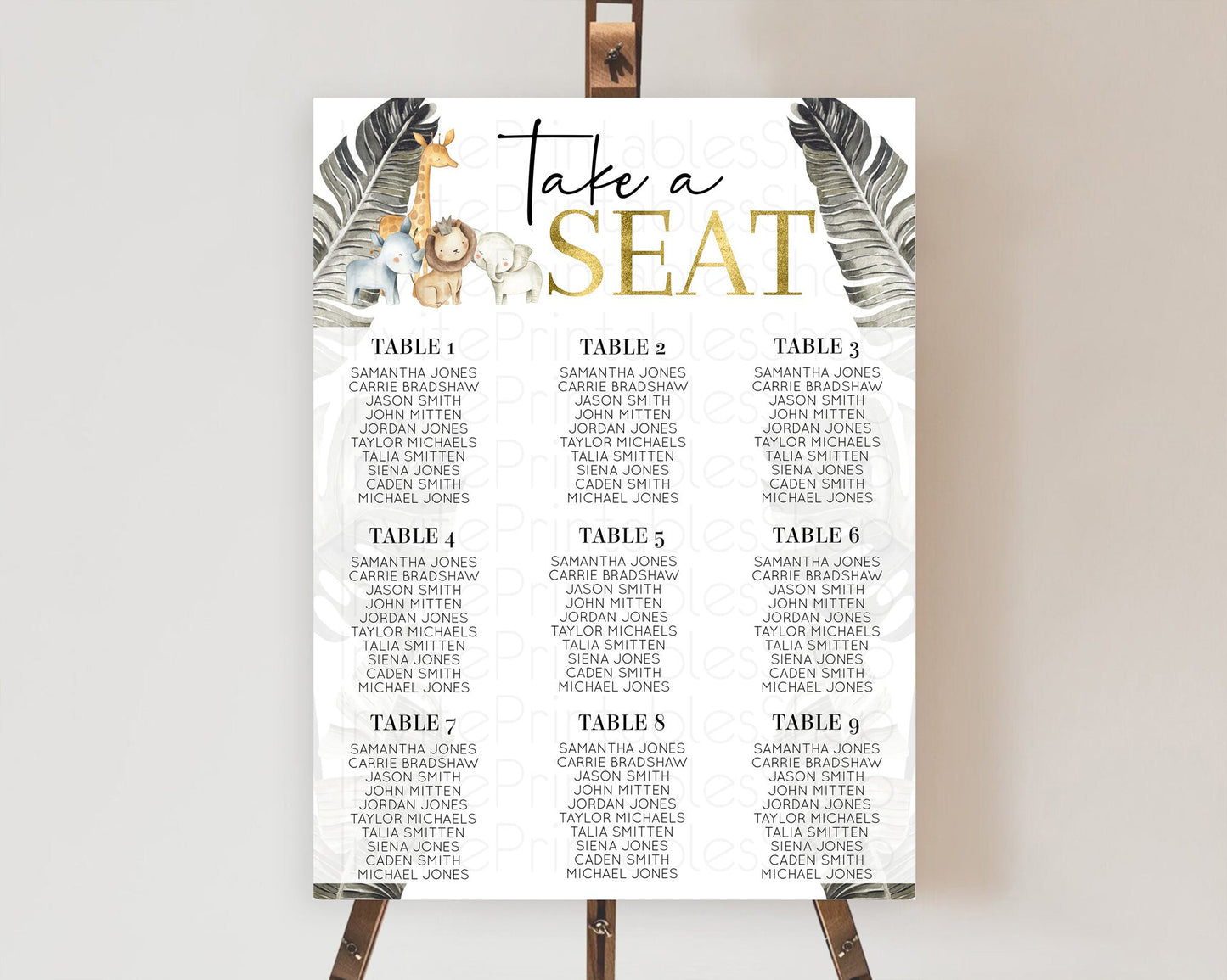 Safari Seating Chart Lion Gorilla Elephant Rhino Tropical Palm Décor Jungle Safari Adventure Zoo Take A Seat Sign D10599