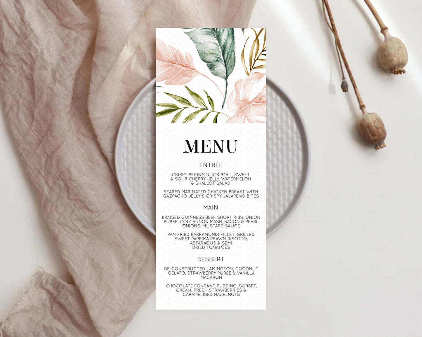 Tropical Menu Template Tropical Menu Palm Leaf Fern Table Decor Frangipani Floral White Orchid Dinner Dessert Menu Party Food Menu D11064