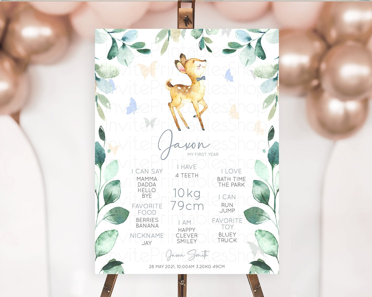 Fawn First Birthday Milestone Board Deer First Birthday Milestone Poster Enchanted Forest Butterfly Pastel Flowers 1st Birthday Sign D10767