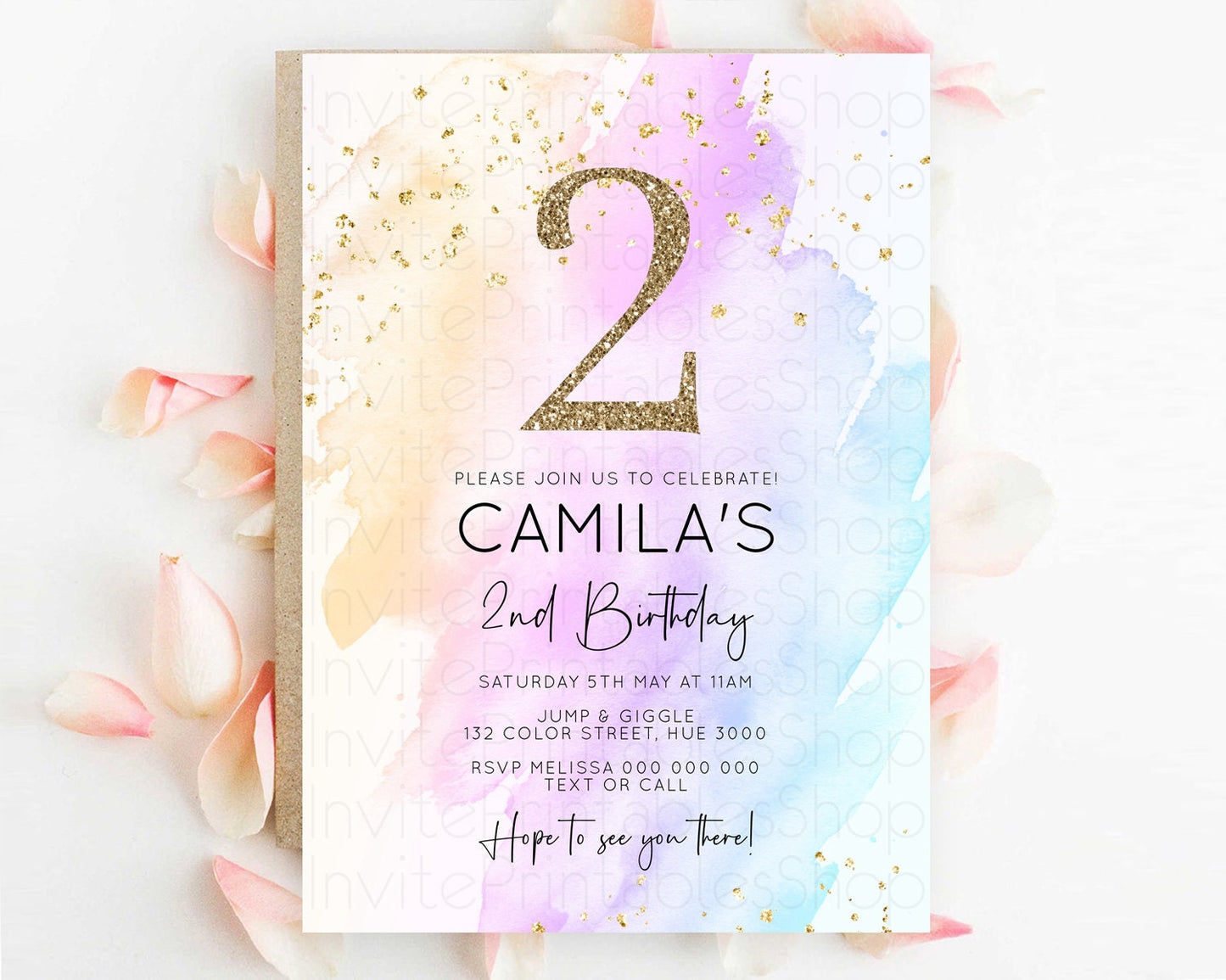 Rainbow Birthday Invitation Colorful Pastel Watercolor Invitation Gold Glitter Sprinkles Ombre Pastel 1st 2nd 3rd Birthday D10177