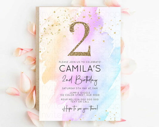 Rainbow Birthday Invitation Colorful Pastel Watercolor Invitation Gold Glitter Sprinkles Ombre Pastel 1st 2nd 3rd Birthday D10177