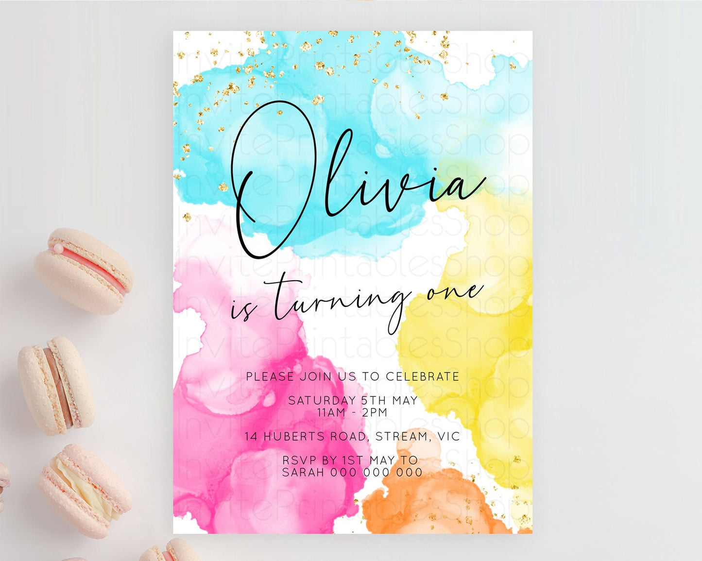 Rainbow Birthday Invitation Colorful Pastel Watercolor Invitation Gold Glitter Sprinkles Ombre Pastel 1st 2nd 3rd Birthday D10898