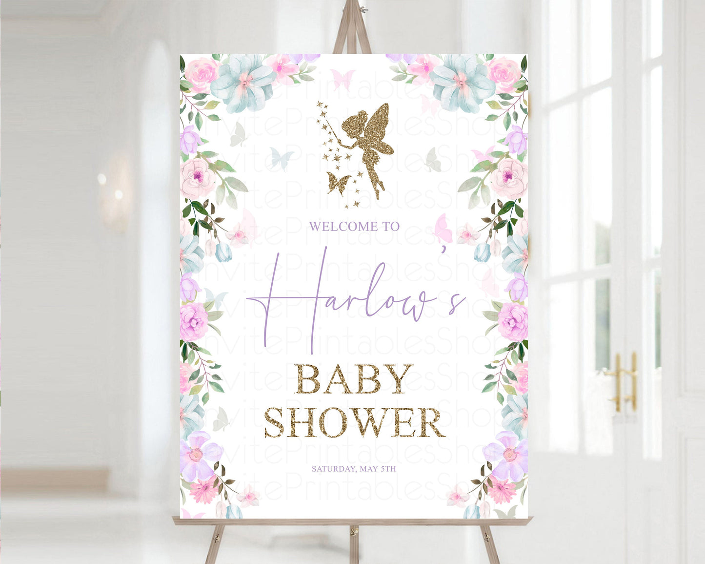 Editable Fairy Welcome Sign Pastel Floral Baby Shower Welcome Sign Colorful