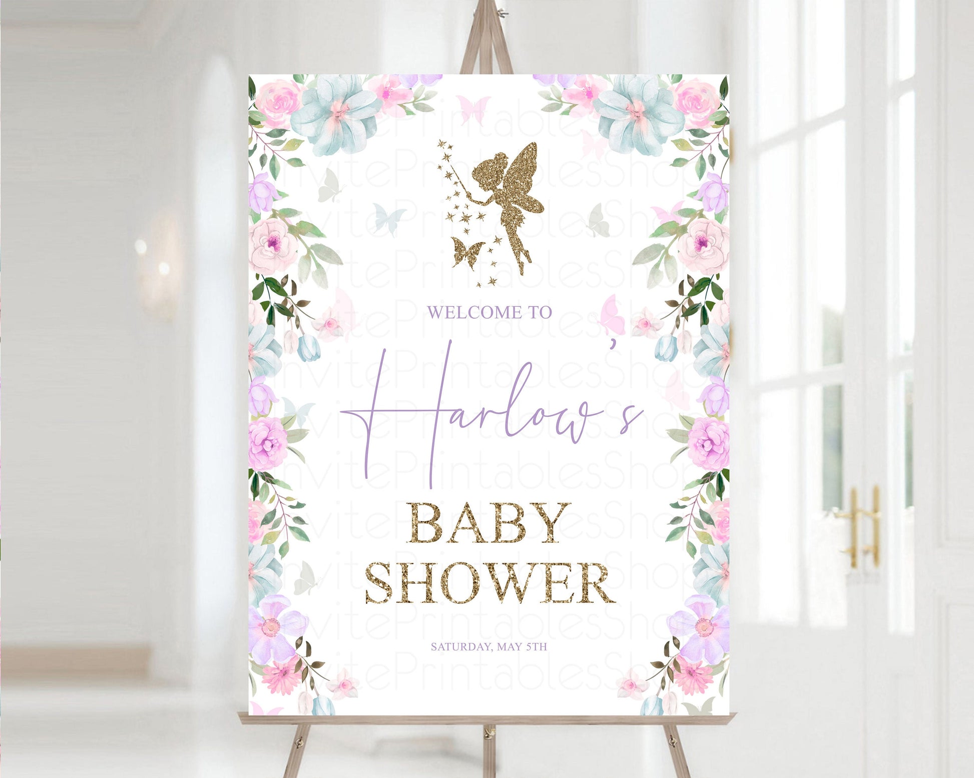 Editable Fairy Welcome Sign Pastel Floral Baby Shower Welcome Sign Colorful