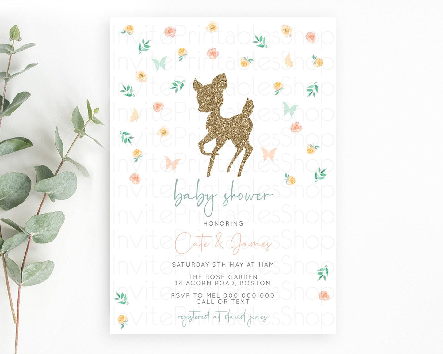 Fawn Baby Shower Invitation: Enchanted Forest, Secret Garden, Glitter, Deer, Butterfly, Pastel Flowers, Whimsical Floral Orange Green D10355