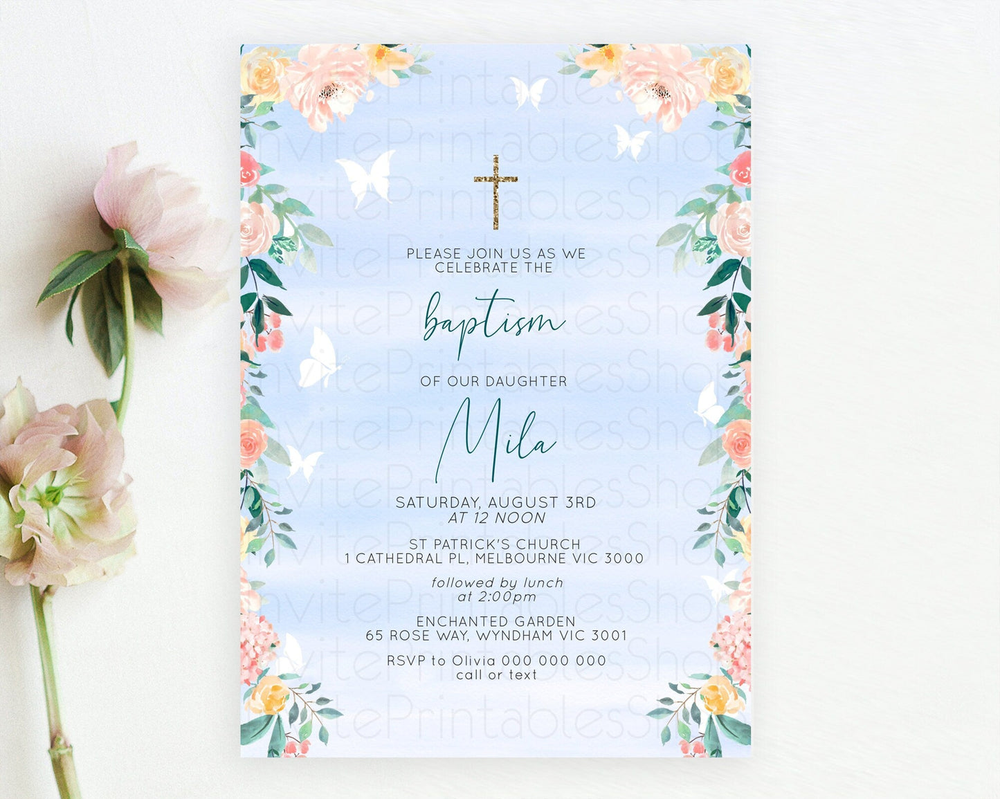 Secret Garden Baptism Invitation Wildflower Baptism Birthday Invite Pastel Flowers Christening Invite Enchanted Garden Boho Floral D10337