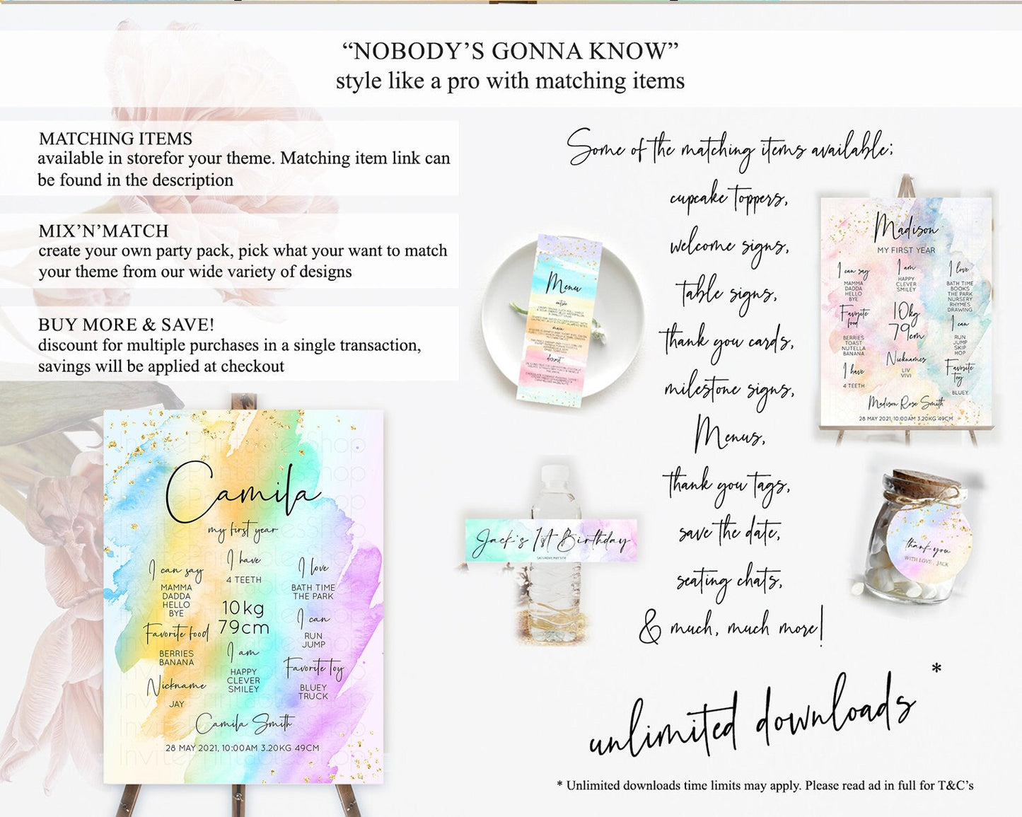 Pastel First Birthday Milestone Board Pastel Rainbow Milestone Poster Colorful Confetti Watercolor Glitter 1st Birthday Welcome Sign D10427