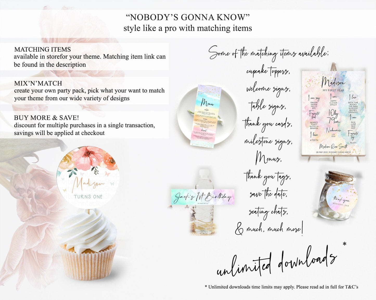 Secret Garden Cupcake Toppers Wildflower Cupcake Toppers Pastel Flowers Cupcake Toppers Enchanted Garden Boho Floral First Birthday D10347