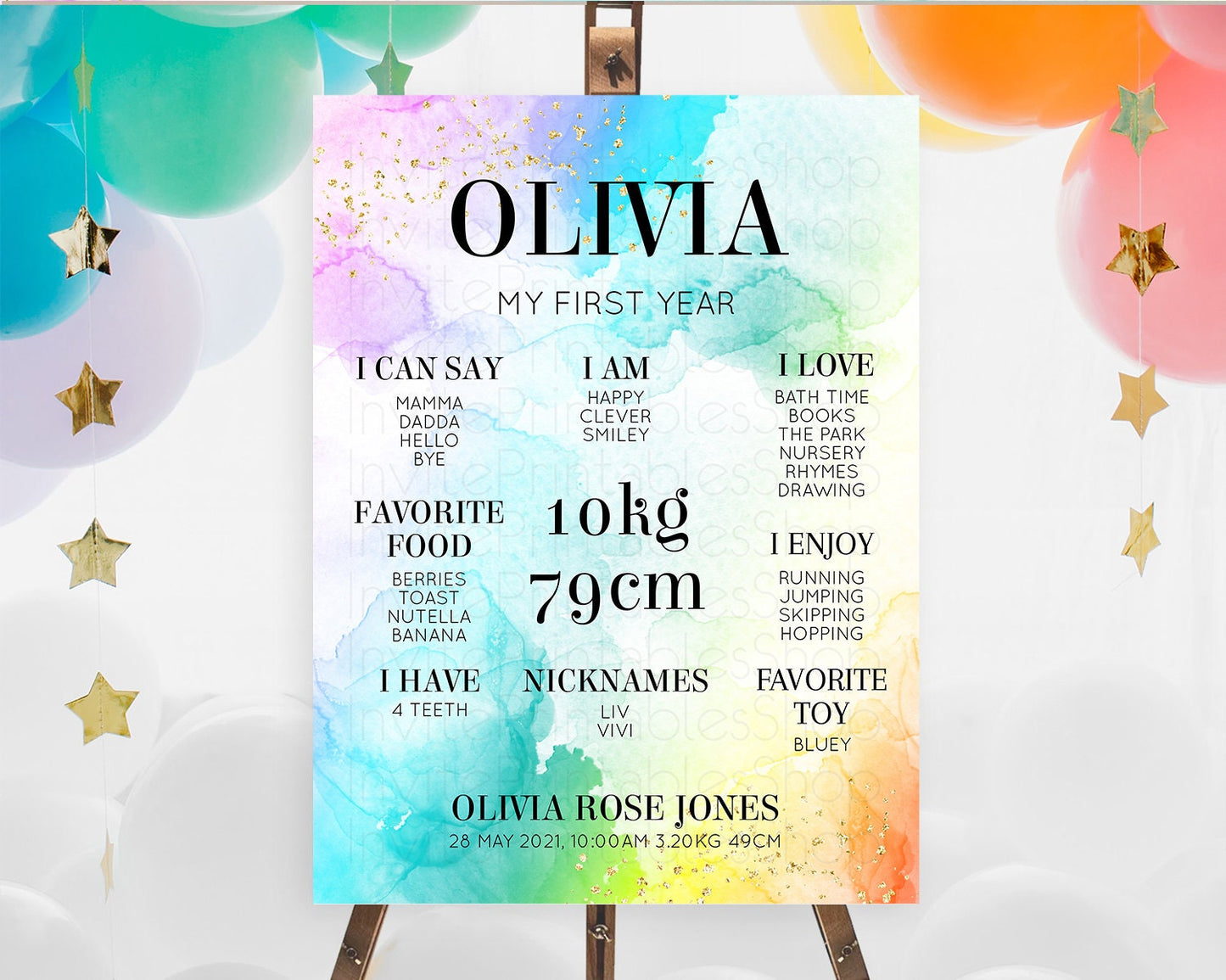 Pastel First Birthday Milestone Board Pastel Rainbow Milestone Poster Colorful Confetti Watercolor Glitter 1st Birthday Welcome Sign D10961