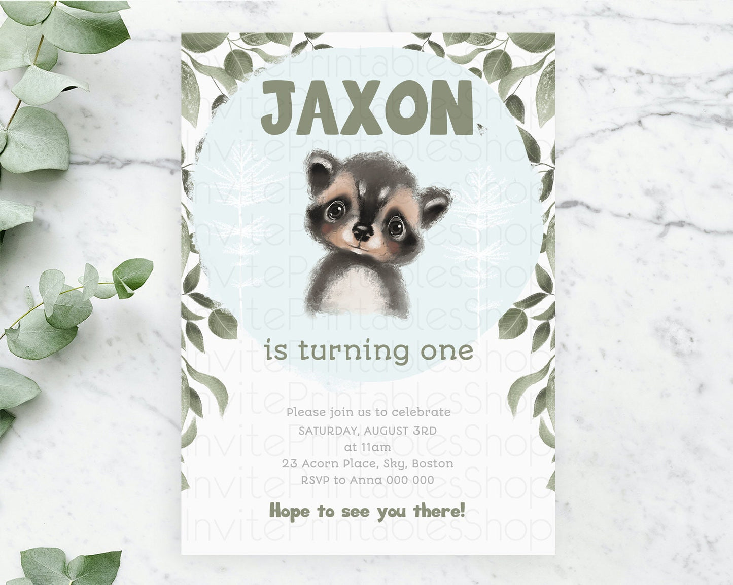 Raccoon Birthday Invitation Raccoon Invite Enchanted Forest Adventure Birthday Woodland Invitation Baby Raccoon 1st First Birthday D10100