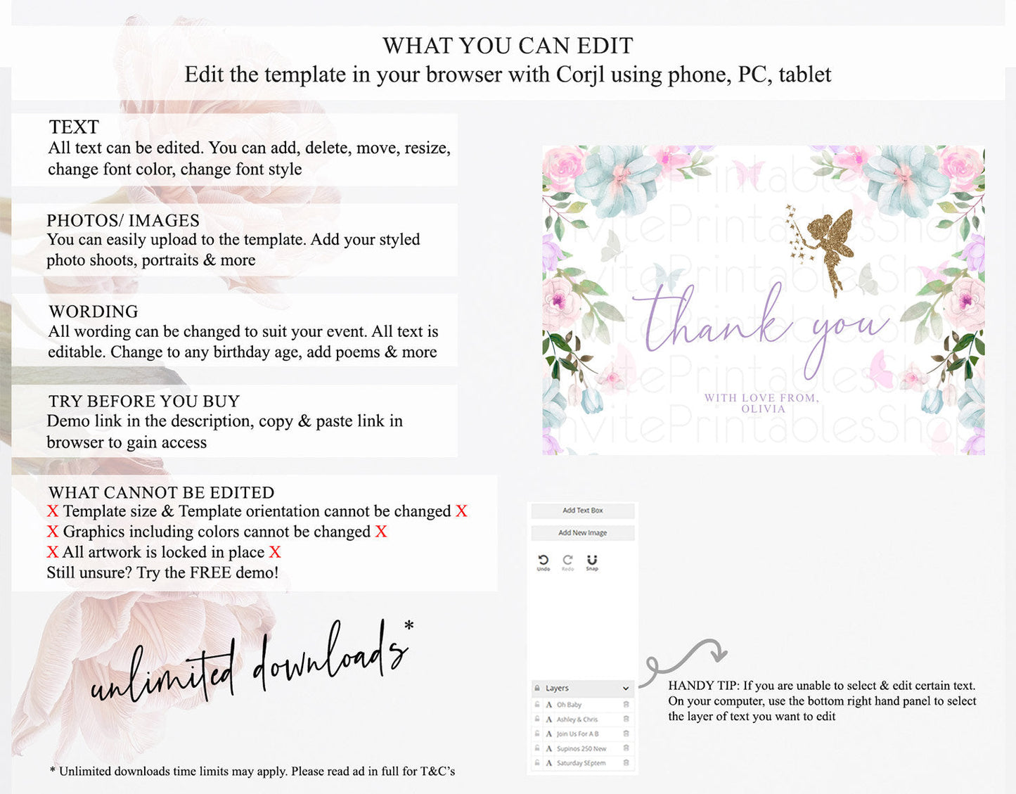 Fairy Thank You Fairy Thank You Card Enchanted Garden Pastel Butterfly Birthday Thank You Floral Secret Garden Teacher Thank You D10475