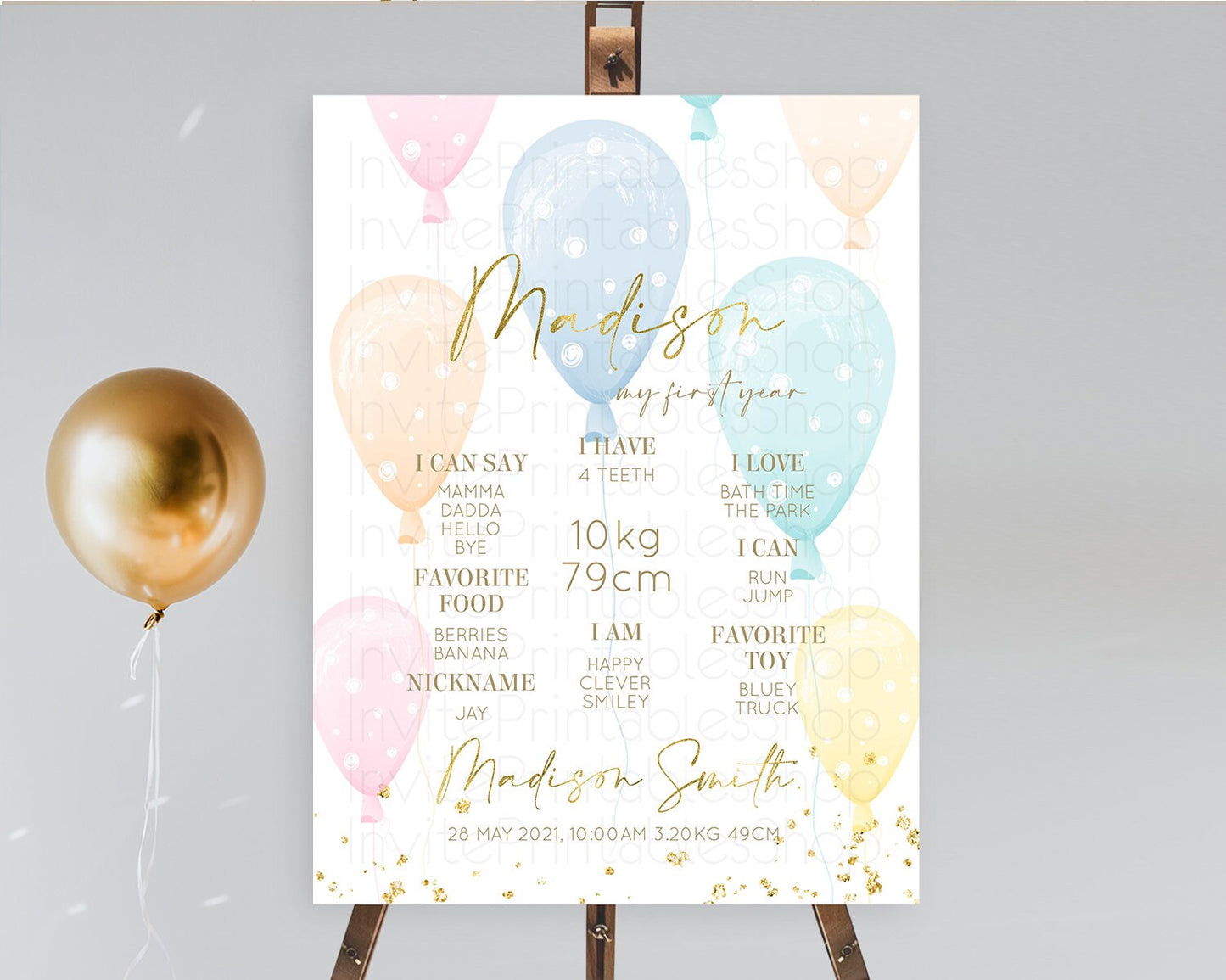 Pastel Balloons First Birthday Milestone Board Colorful Balloon Milestone Poster Rainbow Balloon Confetti 1st Birthday Welcome Sign D10182